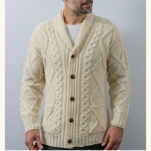 Aran Sweater Market Men's Cream Shawl Neck Diamond Cable Knit Cardigan Wool S